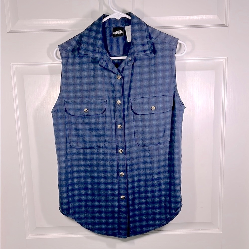 The North Face Navy Checkered Sleeveless Button Down Top Shirt EXC